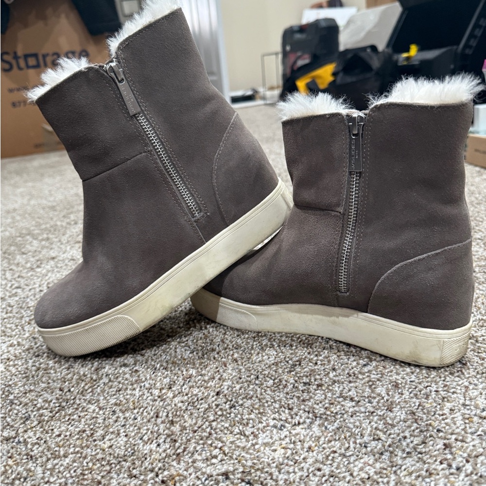 Taupe waterproof faux fur suede boots